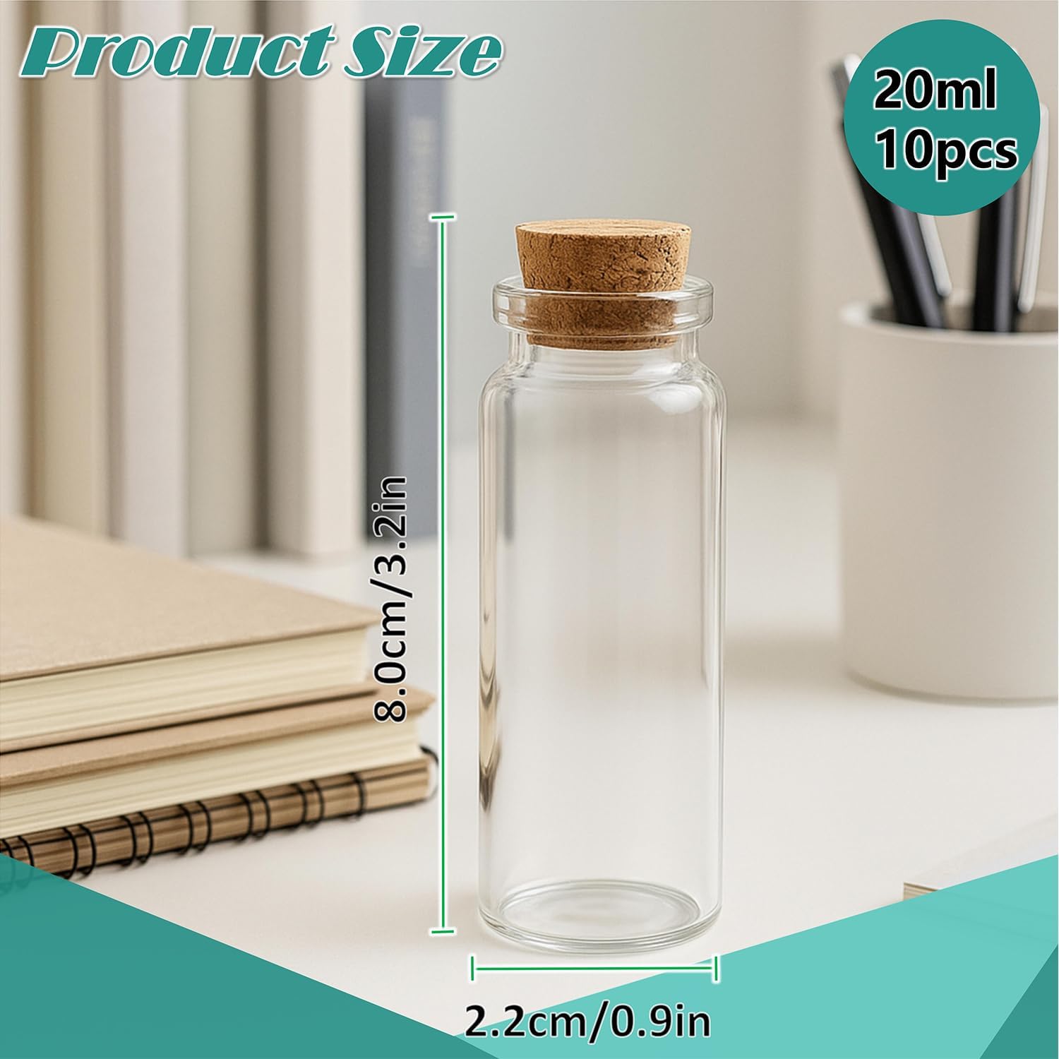 10Packs 20ml Small Clear Glass Bottles with Corks Mini Transparent Vials with Natural Cork Stoppers for DIY Crafts, Spell Jars, Message Bottles, Wedding Favors, Party Decorations