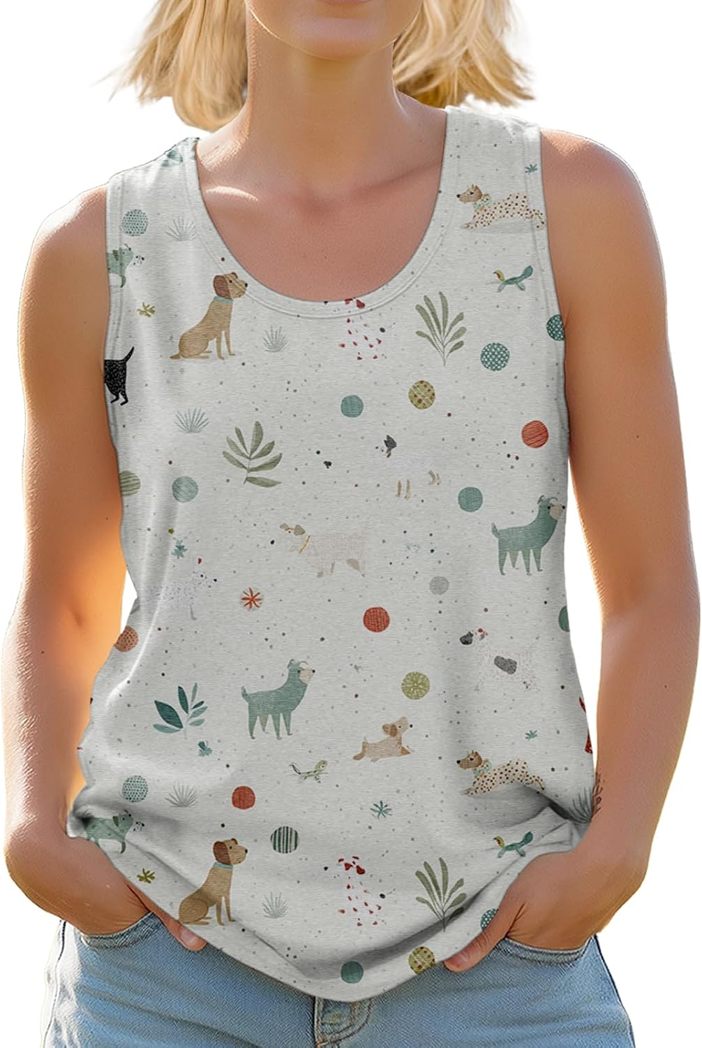 Womens Cute Animal Print Tank Top Sleeveless Graphic Tees Casual Loose Summer Scoop Neck Tunic Shirt