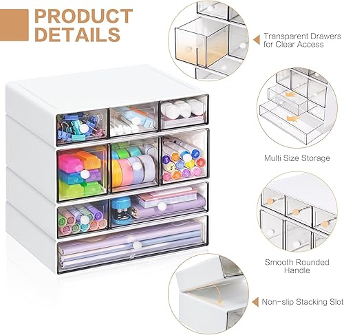 Miniatura 4 de Organizador de almacenamiento de escritorio con 9 cajones, 4 niveles apilables, cajones de almacenamiento de manualidades de escritorio, caja de