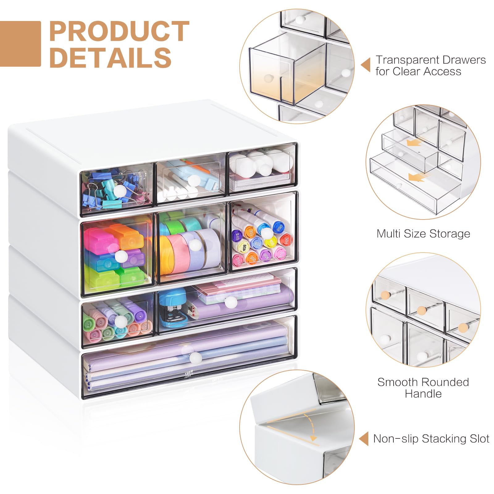 FODIENS - Organizador de almacenamiento de escritorio con 9 cajones, cajones apilables de 4 niveles, caja de almacenamiento transparente para maquillaje, joyas, suministros de manualidades de oficina
