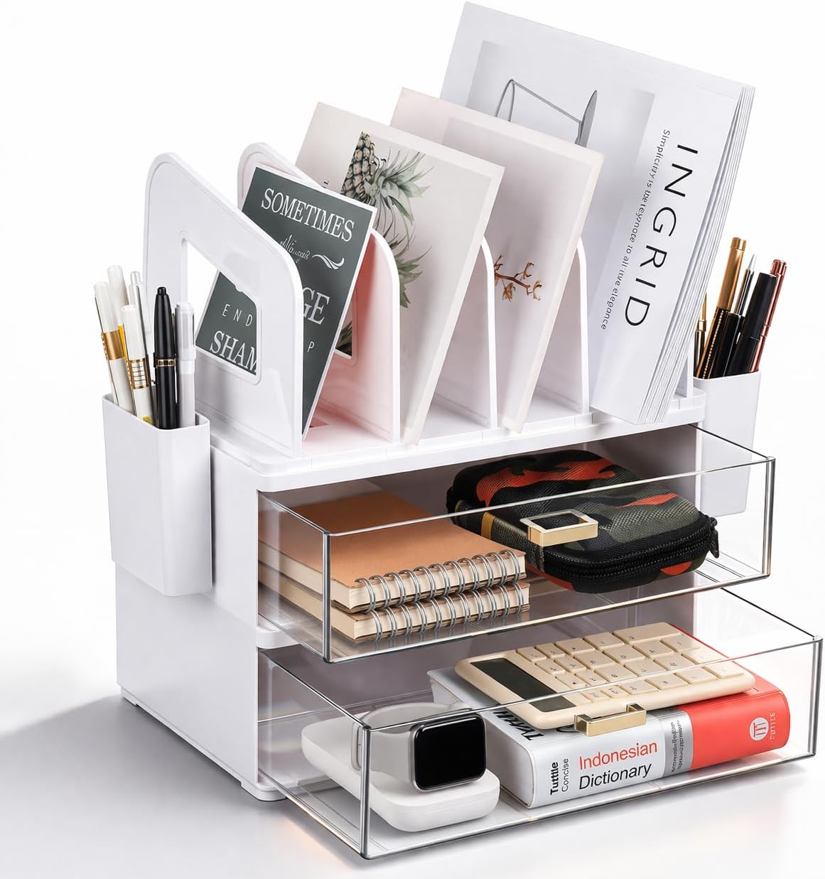 LALOBLUE White Acrylic Desk Organizer with Drawer & File Holder, Stackable Modular Storage System, Multi-Layer Desktop Organizer, Space Saving Desk Organizer for Home Office & Study