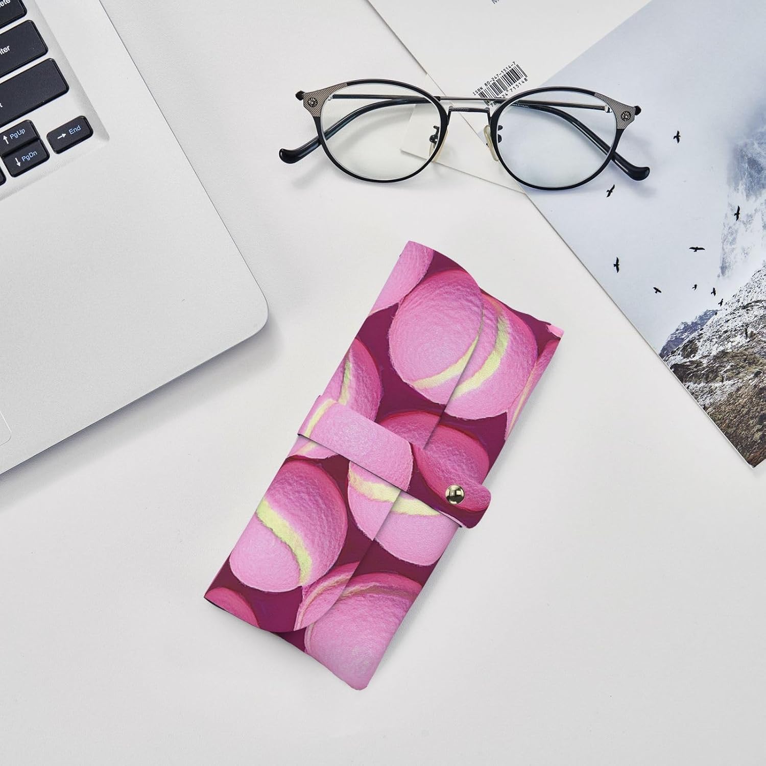 Bright Pink Tennis Balls Print Glasses Case for Women Men Kids - Cute PU Leather Eyeglasses Case