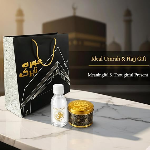 Large Black Gift Bags with Handles, Include Umrah Travel Bag with Zamzam Water Bottle and Jar, Hajj and Umrah Travel Kit, Islamic Gift Set for Men & Women, Mecca Madinah Souvenir for Muslim Travelers