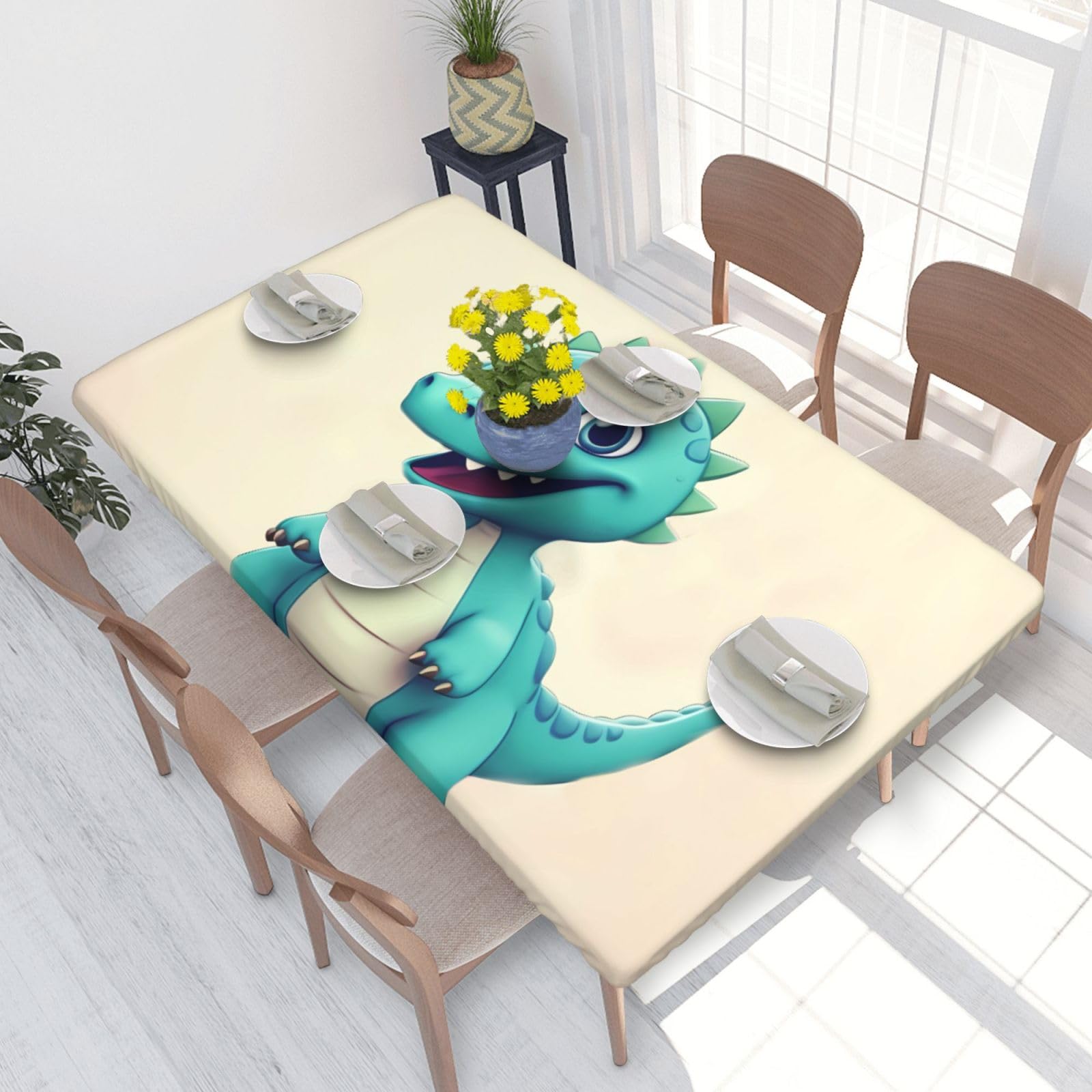 Cute Cartoon Dinosaurs Waterproof Square Table Cover Elastic Fitted Tablecloth Oil Proof Table Protector For 4ft Table