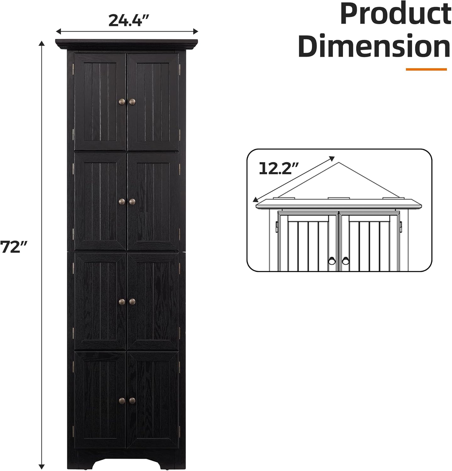 4 Tier Farmhouse Corner Storage Cabinet, 72" H Kitchen Pantry Cabinet with 8 Doors & 4 Shelves, Corner Storage Rack for Living Room, Kitchen, Office, Black