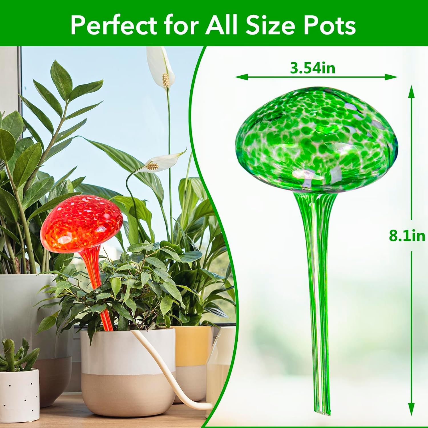 Plant Watering Globes 8"L x 3.5"D, 4Pcs Large Self Watering Planter Insert Glass Plant Watering Devices for Indoor Outdoor Plants, Mushroom Automatic Plant Waterer Watering Spikes Bulbs+Funnel &Shovel