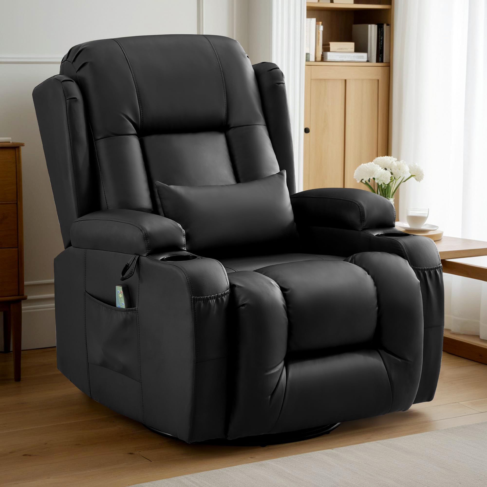 Relaxsessel mit Liegefunktion, Massagesessel mit Wärmefunktion, 360° Drehbarer Fernsehsessel Wohnzimmer, Schaukelstuhl mit Kissen/Seitentaschen/Getränkehalter (Schwarz)