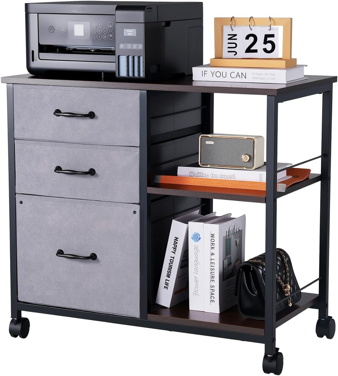 VEVOR Metal File Cabinet, Mobile Filing Cabinet with 3 Fabric Drawers and 2 Open Shelves, Wooden Vertical Filing Storage Cabinets with Wheels for Letter, A4, Legal Size File, Easy Assembly, Brown