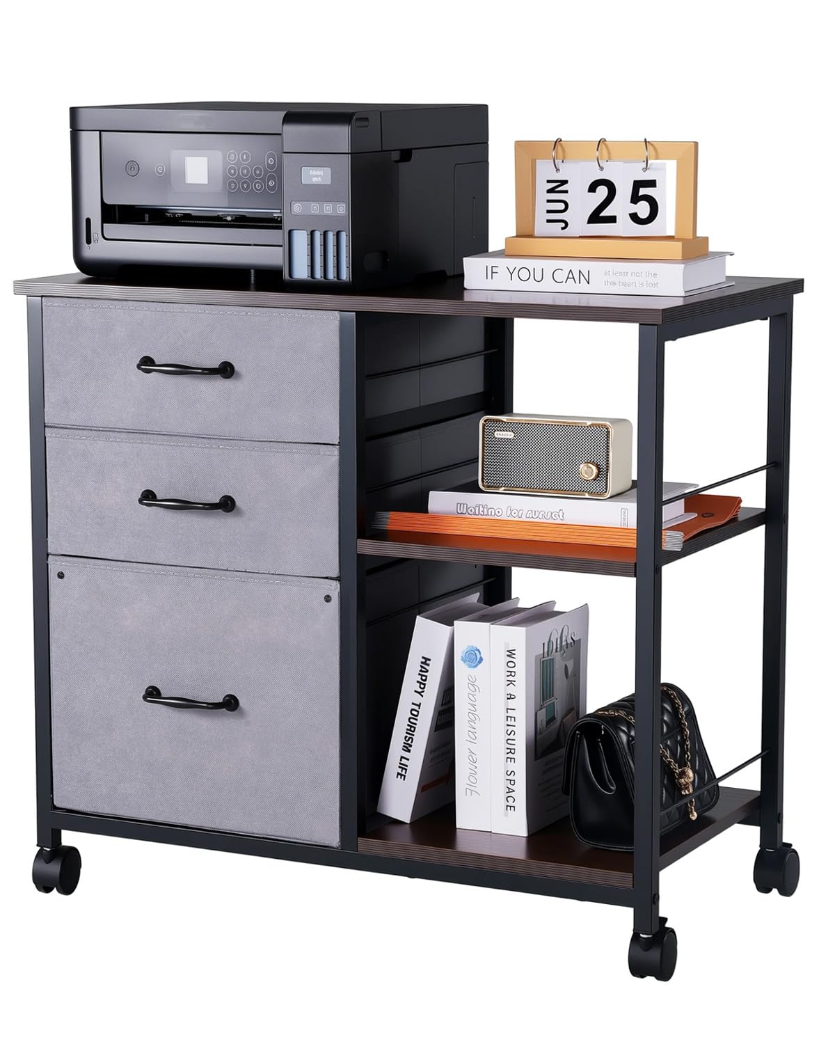 VEVOR Armoire de Bureau avec 3 Tiroirs en Tissu et 2 Étagères Ouvertes, Meuble Classeur Métallique Mobile, Caisson de Bureau pour Rangement Classement des Documents et Dossiers, Maison, Marron