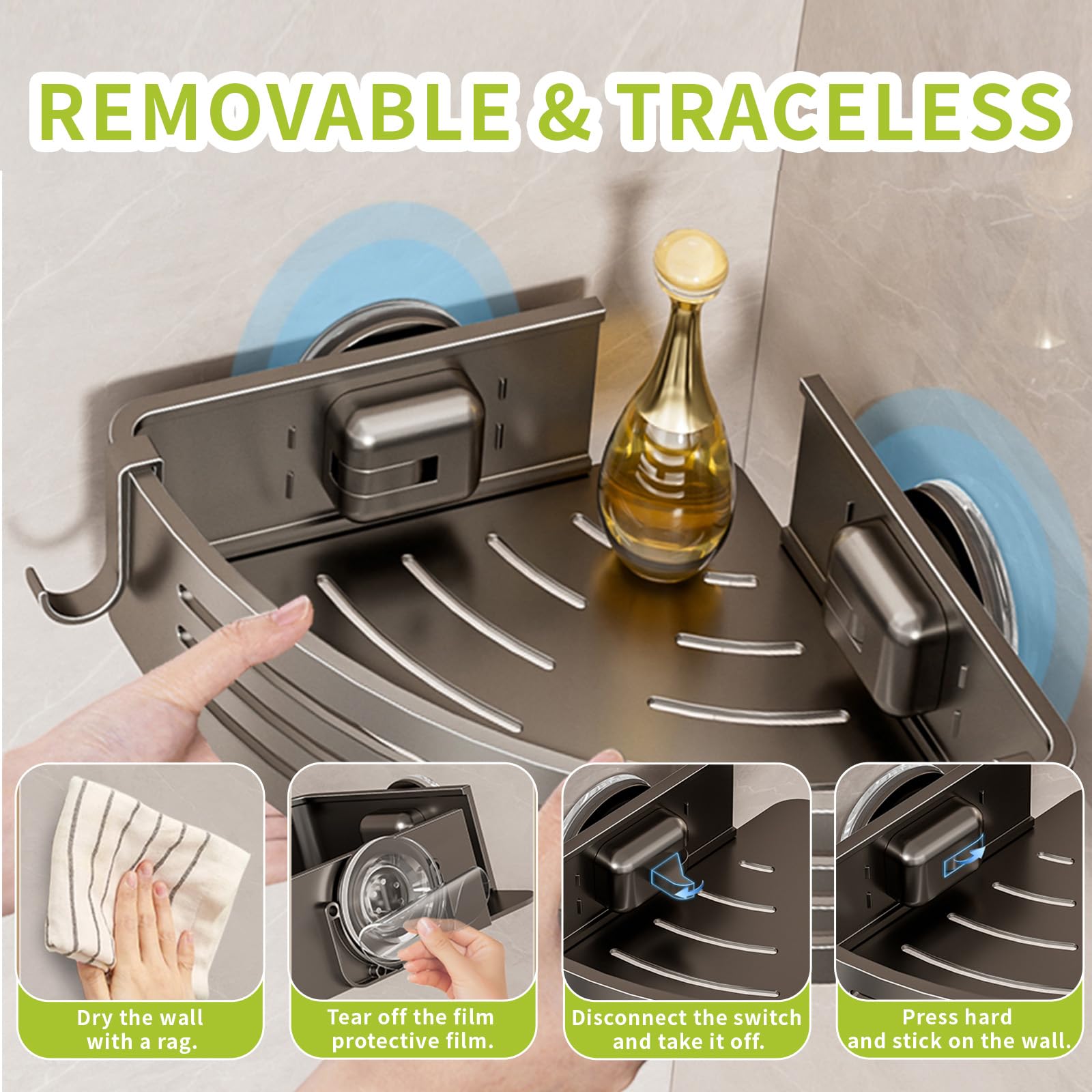 Organizador de ducha con ventosa, organizador de ducha, estante de baño extraíble, succión de almacenamiento, potente capacidad máxima de 22 libras, soporte impermeable, metal gris (estante de