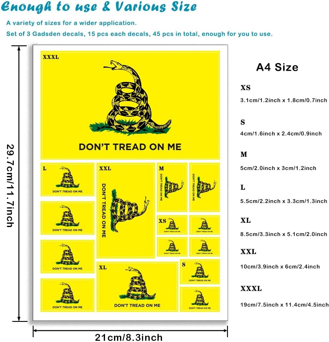 QQSD Dont Tread on Me Gadsden Flag Sticker Decal in Multiple Sizes, 3 Pack, 11.7 x 8.3 Inches