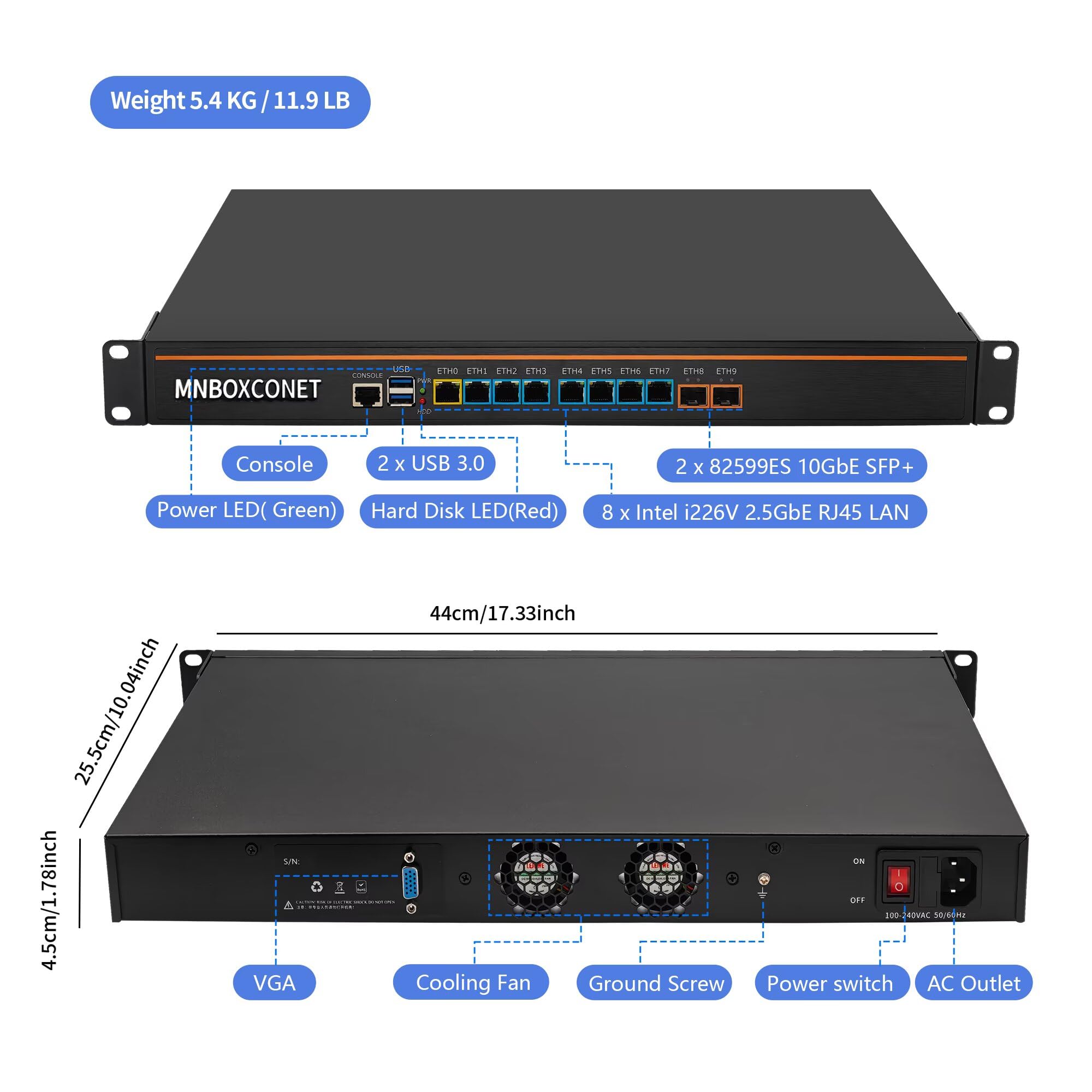 1U Firewall Appliance Rackmount Core i5 4300M,2 x 10GB SPF+ LAN, 8 i226-V 2.5GbE Port, DDR3L 16GB RAM 256GB SSD, 19" Z87 Network Firewall Hardware Server PC, OPNSense, AES-NI