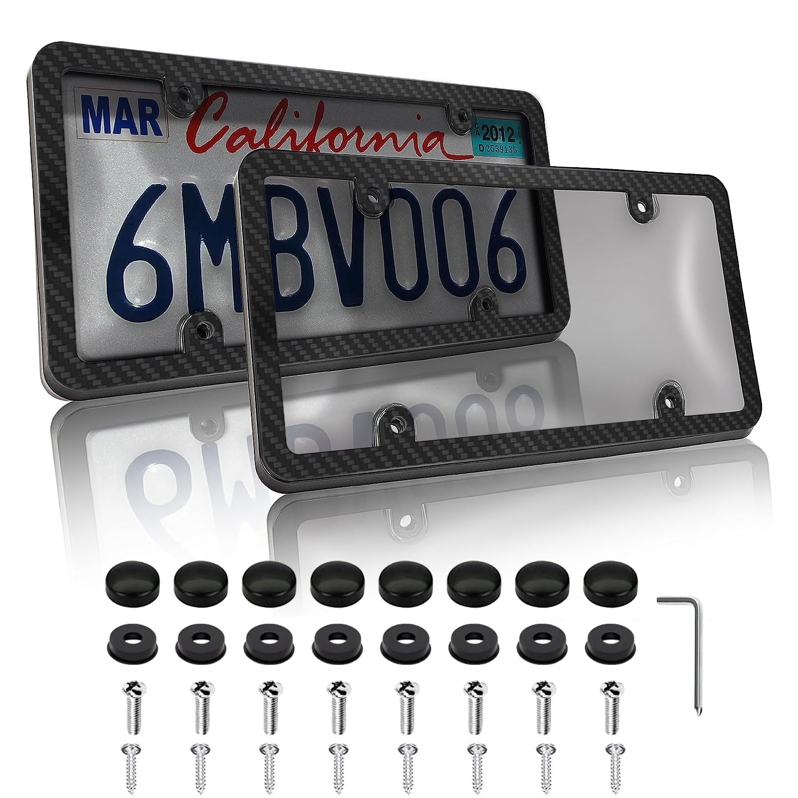 LIN KANGCarbon Fiber Pattern License Plate Frame & Cover Shield Combo - Unbreakable Tinted Cover Novelty Fits All Standard US Plates,Bubble Design License Plate Holder with Screws & Caps