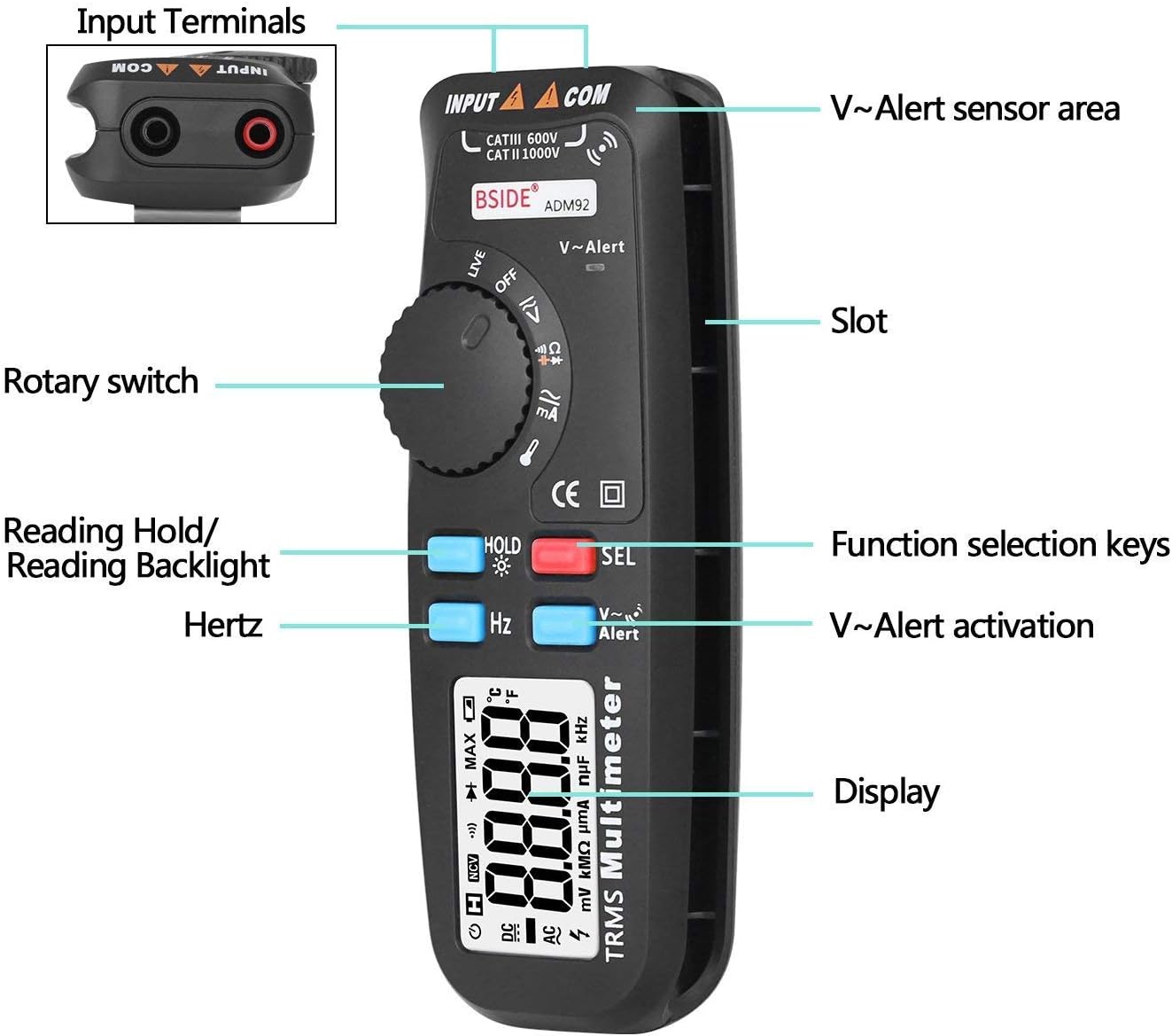 ADM92 Handheld True RMS Digital Multimeter Auto Range 6000 Counts TRMS Tester with Live Wire Check Temp NCV Hz ohm Diode (Black)