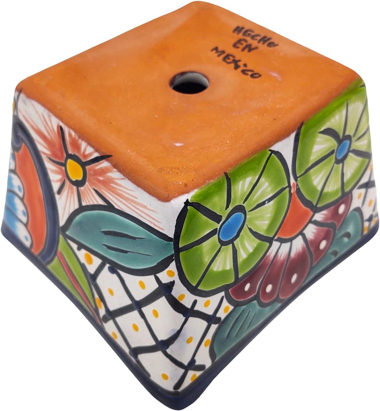 Cactus Canyon Ceramics CUADRITA PIRAMIDE Mexican Talavera Planter Pot (7" D x 7" W x 4.5" H) Hand Painted - Dark Blue Trim - Mexican Decor Planter