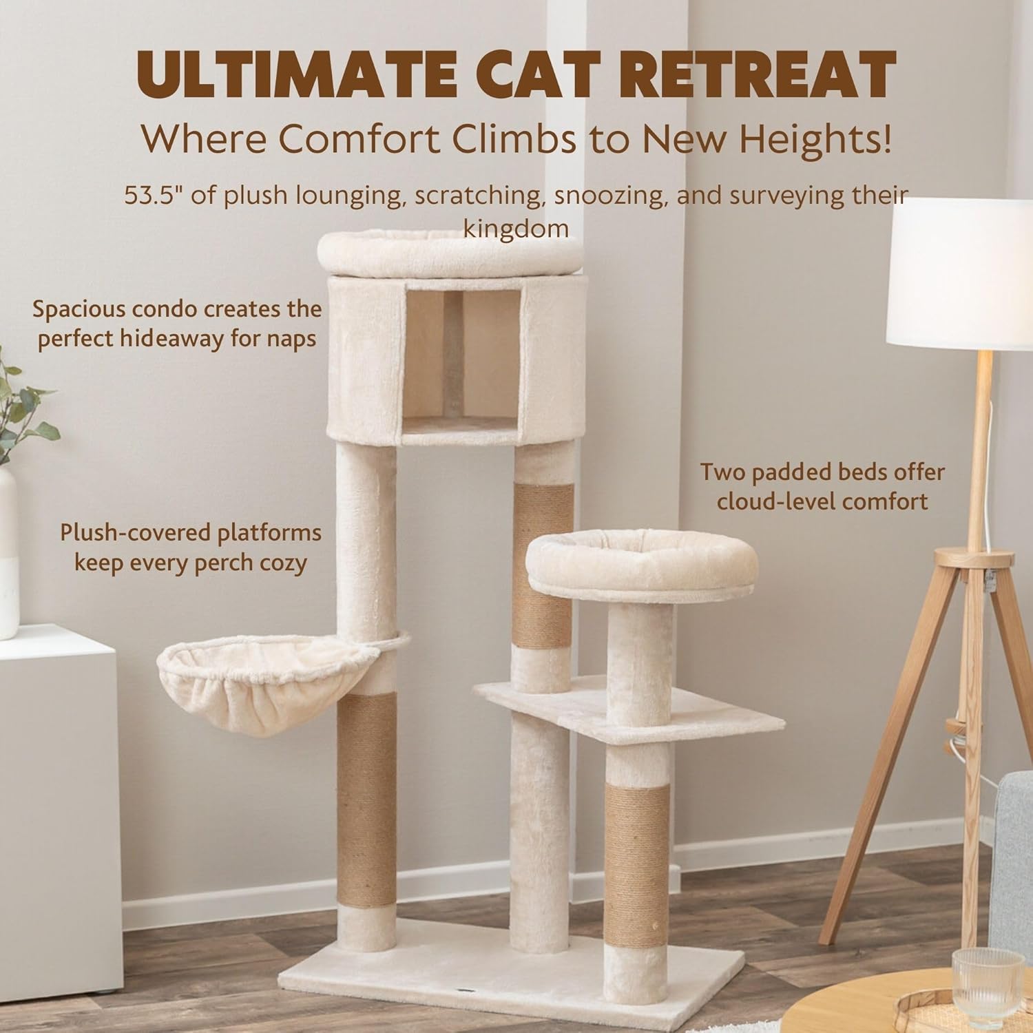 Trixie Aidan 53" Cat Tree Tower with Hammock, Condo, 6 Plush & Jute Scratching Posts, Cozy Beds & Multi-Level Perches – Modern Indoor Cat Furniture for Climbing, Scratching, Lounging & Play