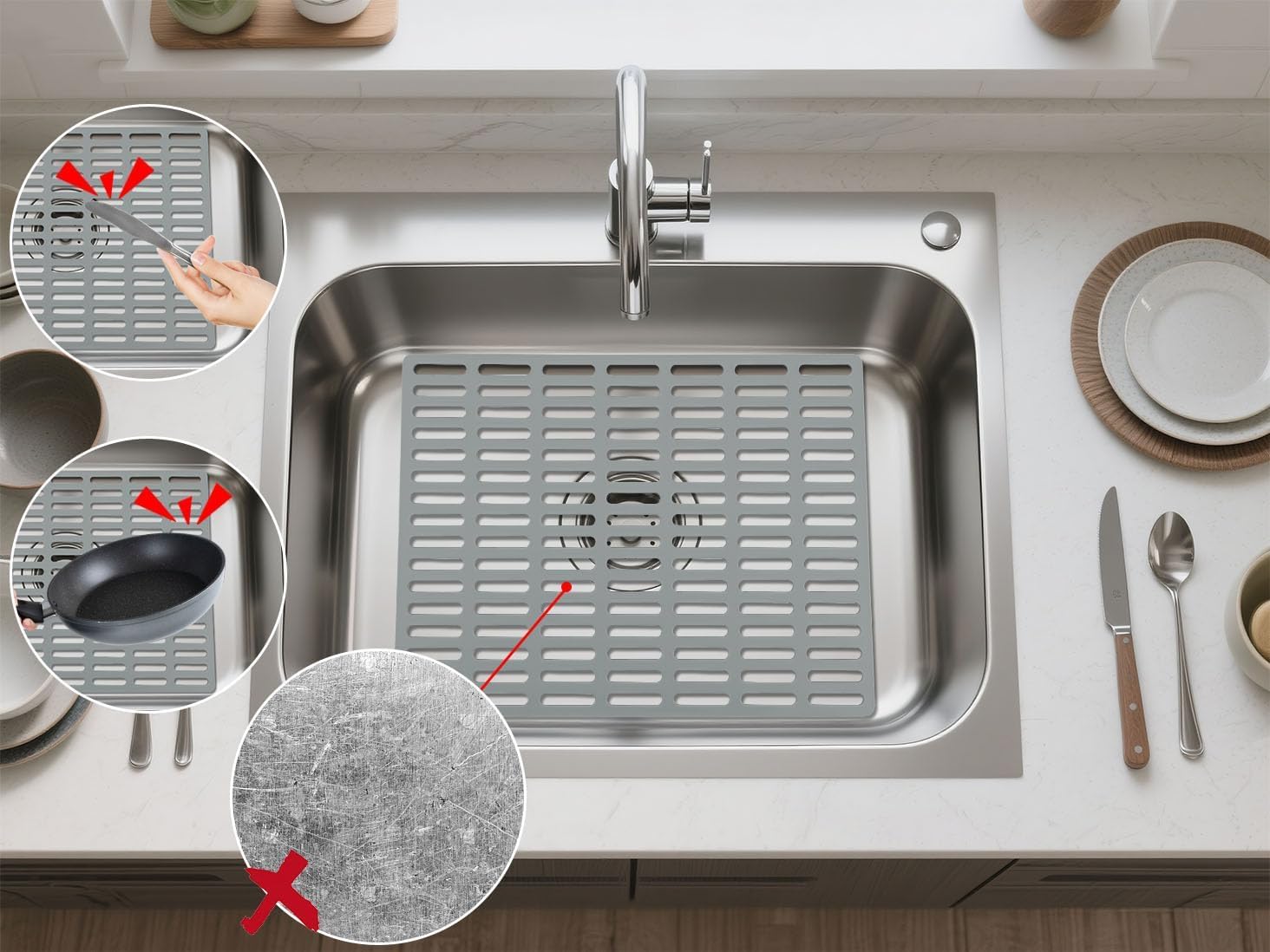 Sink Protector Mat, Kitchen Sink Protector, Silicone Mat, Dishwasher Safe, No Odor, Elevated Feet, 16.34” x 12.8”