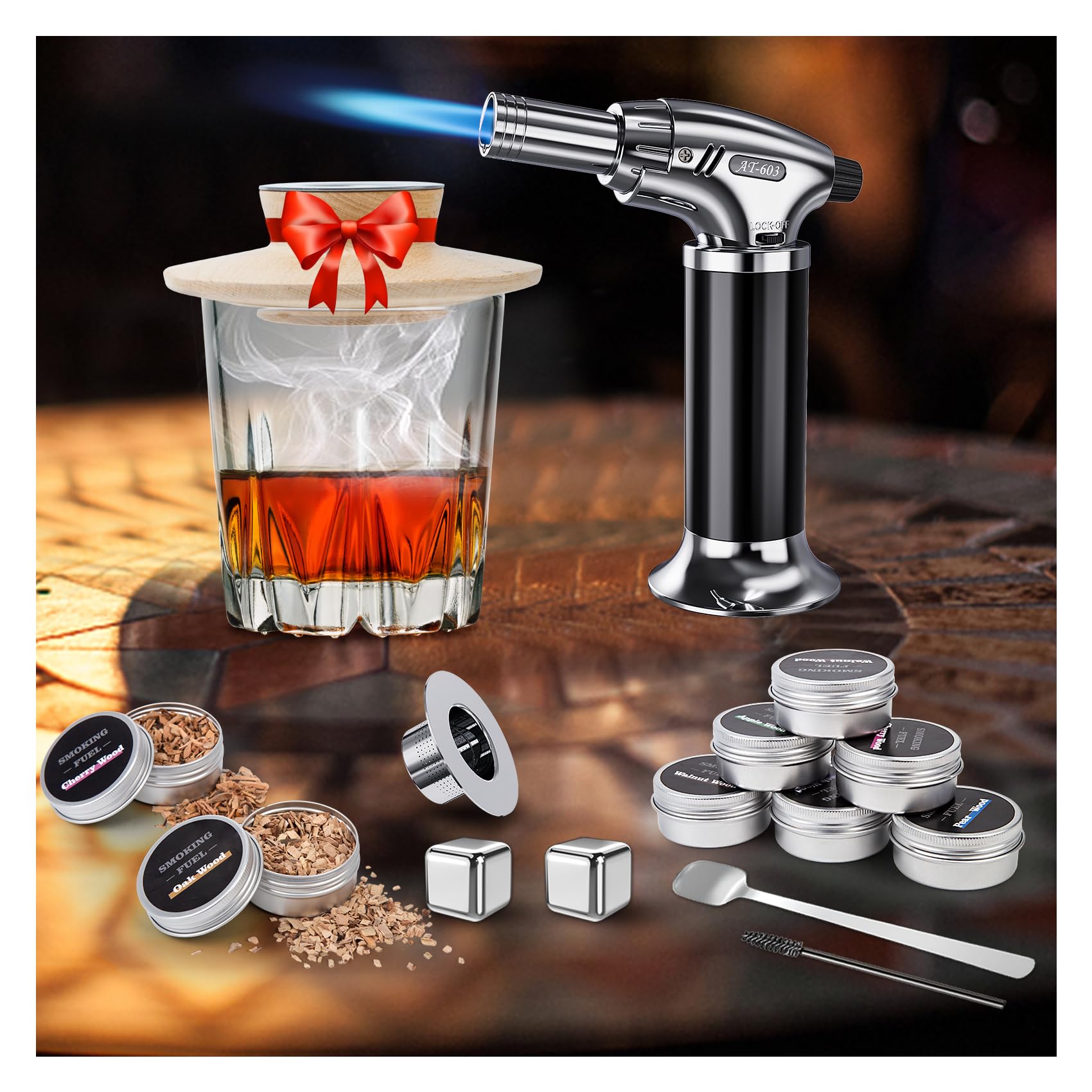 Cocktail Smoker Kit with Torch Whiskey Smoker Kit and 8 Wood Chips, Old Fashioned Drink Smoker Infuser Kit, Birthday Christmas Bourbon Whiskey Gifts for Men, Dad, Husband