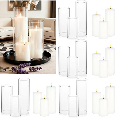 24 velas de pilar blanco y jarrones cilíndricos de vidrio transparente, portavelas de vidrio huracán para centros de mesa, bodas, fiestas, eventos,