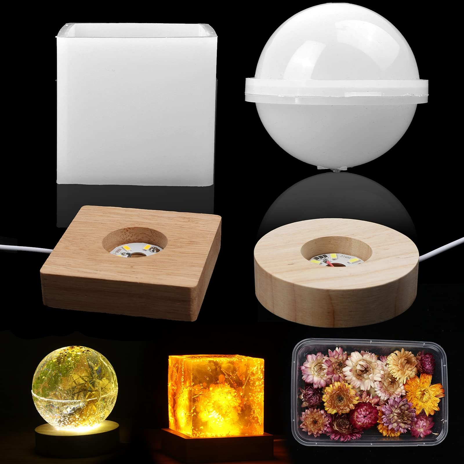 Light Resin Molds Set Sphere and Square Lamp Silicone Mold Epoxy Resin Moulds and 2 Pcs LED Wooden Lighted Base Stand and Dried Chrysanthemum for Resin Craft Home Decor