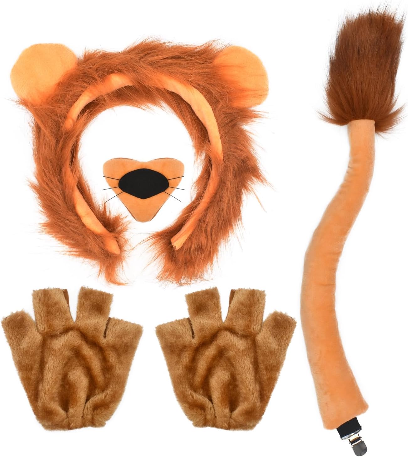 HODRME 5 Pieces Lion Ears and Tail Set-Lion Headband Nose Tail Paw Gloves Cosplay Party Costume Accessoies for Kids and Adults