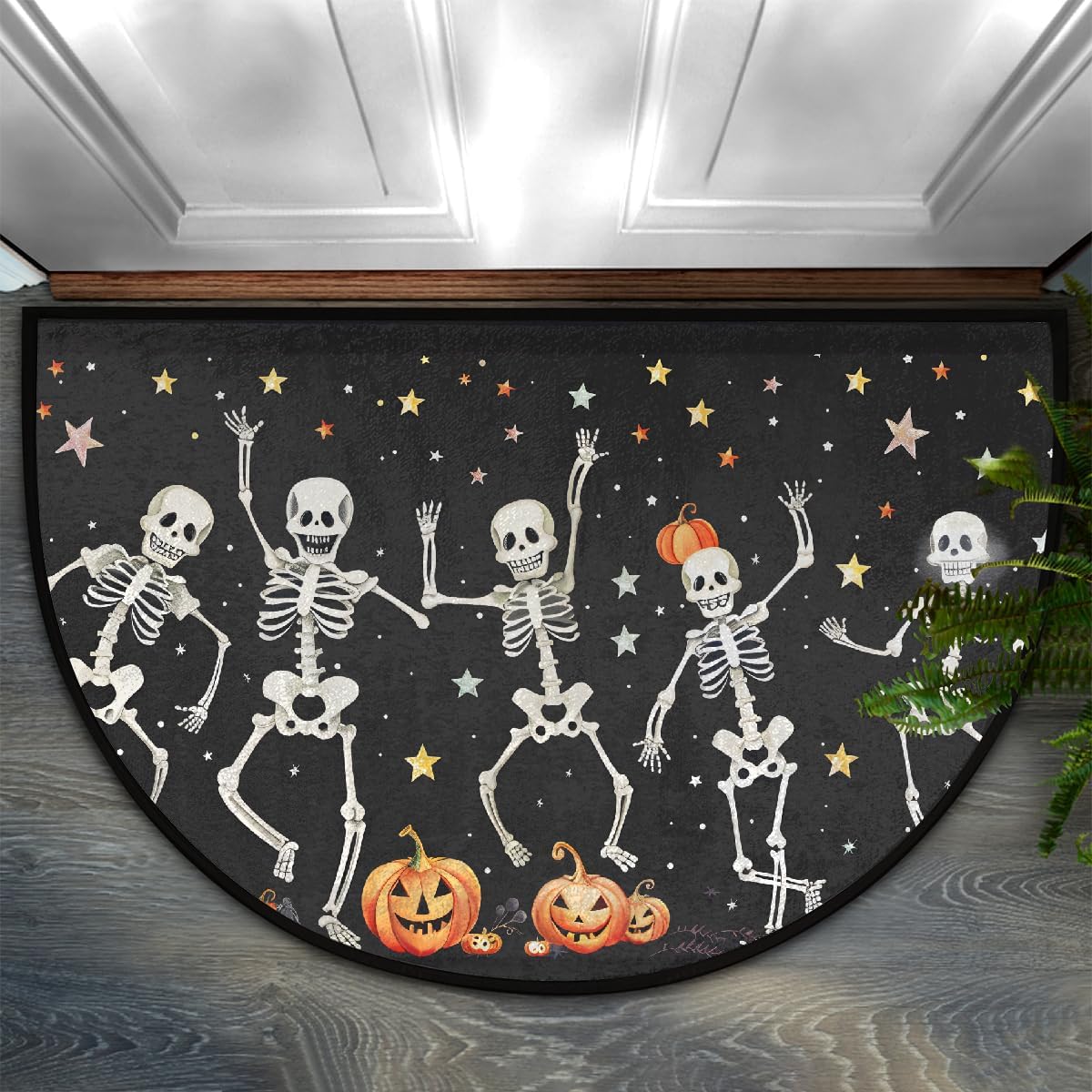 Gothic Skeleton Dancing Halloween Half Round Door Mat Non Slip Washable Semi Circle Area Rug Absorbent Soft Half Moon Rug Floor Mat for Indoor Outdoor Kitchen Bathroom Patio Front Door Mat Decor