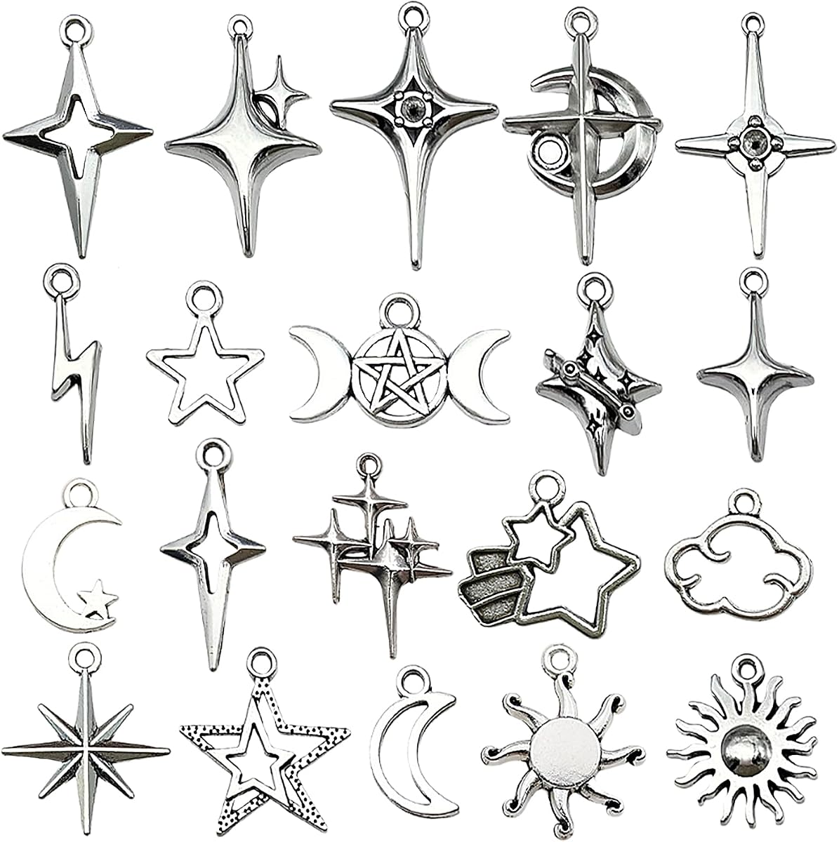 Juego de 40 dijes celestiales de acero inoxidable, estilo vintage, plata antigua, luna, estrella, sol, colgantes para hacer joyas, collares, pendientes, pulseras, suministros de artesanía boho