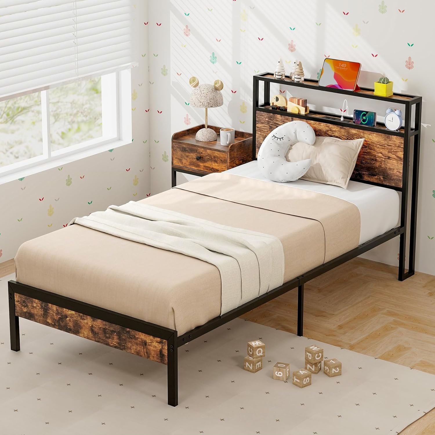 Giantex Twin Bed Frames for Kids, Industrial Metal Platform Bed with 2-Tier Storage Headboard and Charging Station, Heavy Duty Metal Support Mattress Foundation, Noise Free, Rustic Brown