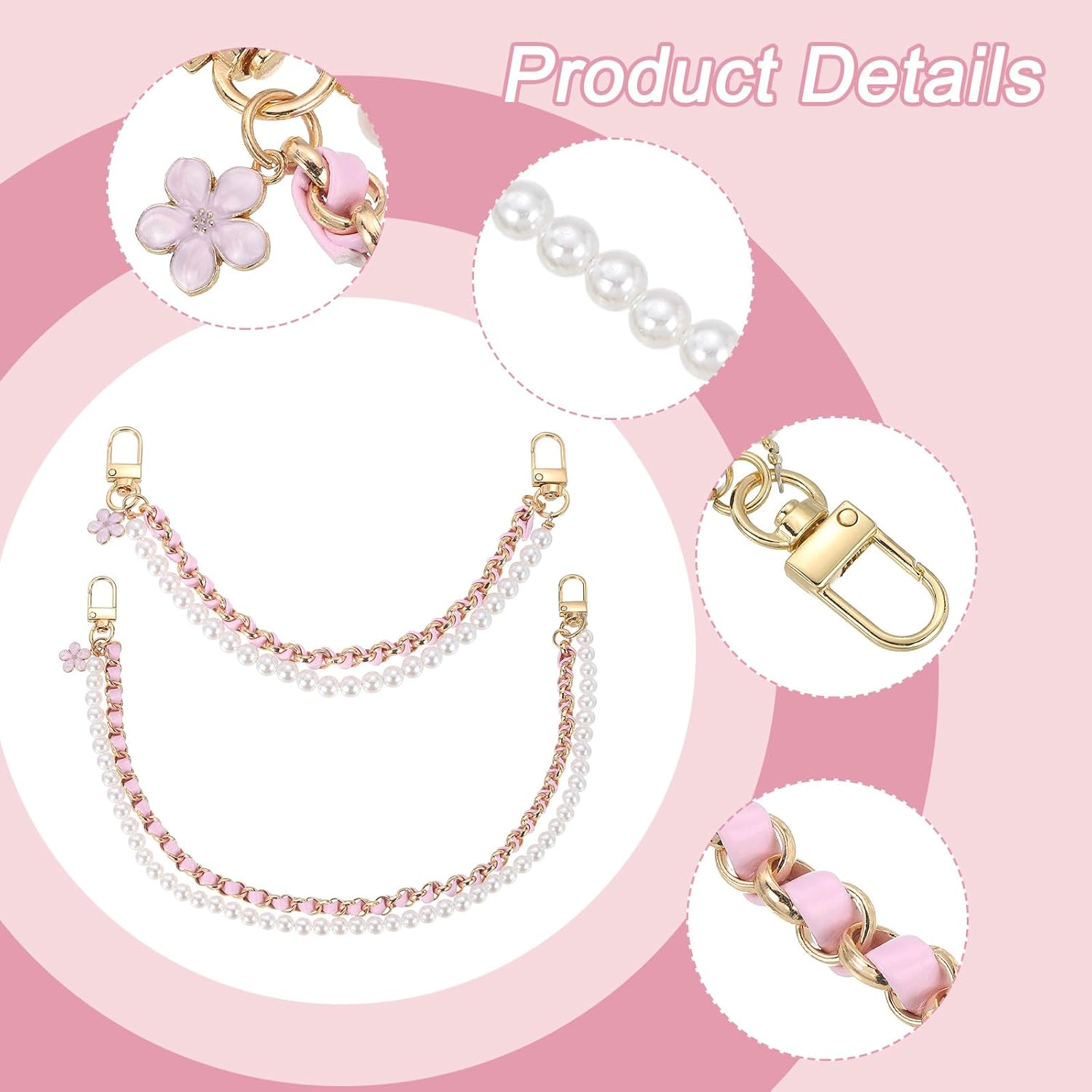 uxcell 2Pcs 17.7''/10.2'' Pearl Purse Double Chain, Metal Purse Extender Chain, PU Leather Handle Replace Chain, Purse Handles Chain Wrist for Handbag, Mobile Case(Pink, Gold Chain) - Image 4