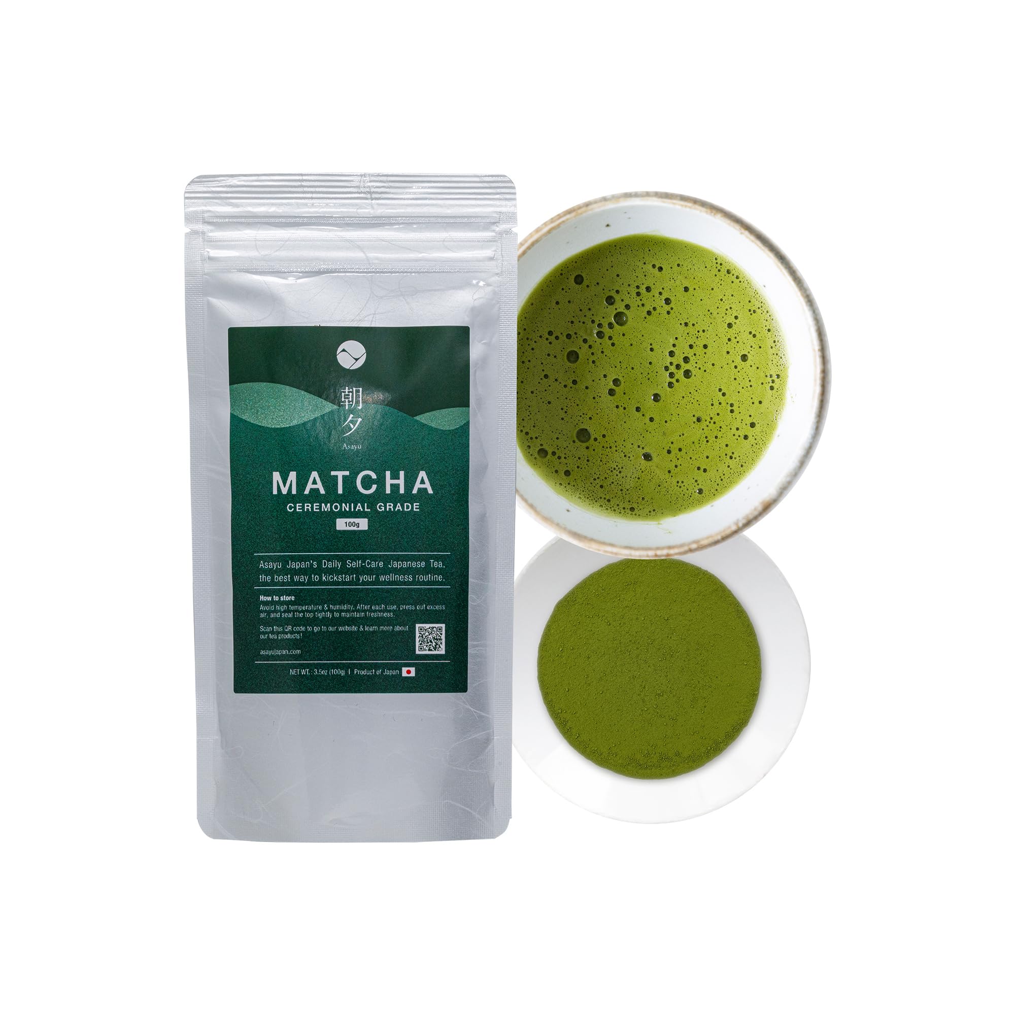 Asayu Japan Polvere di Matcha Cerimoniale Premium - Tè Verde Giapponese Autentico per Cerimonia del Tè, Antiossidante Naturale, Energizzante (Busta (100g))