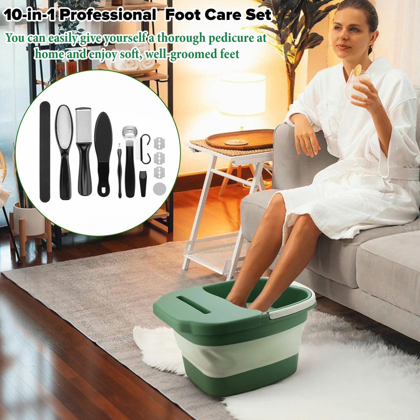 Baignoire pliable 10 en 1 avec fonction massage, limes à pieds en acier inoxydable et râpe pour callosités, bain de pieds pour pédicure professionnelle, bain de pieds bouillonnant pour soulager