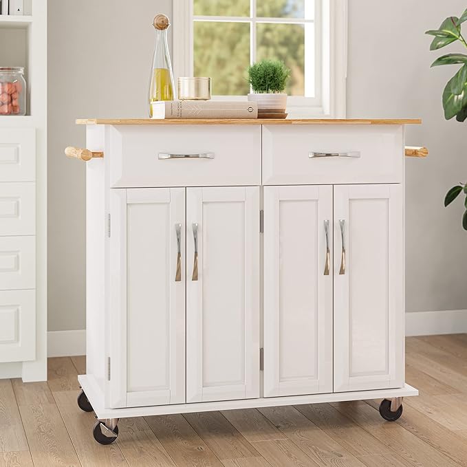 BELLEZE Rolling Kitchen Island Cart on Wheels with Storage Cabinet, Mobile Kitchen Cart Island Table with 2 Drawers Towel Racks Rubber Wood Top Coffee Bar for Dinning Room, 41.7”Lx18.5”Wx37”H, White