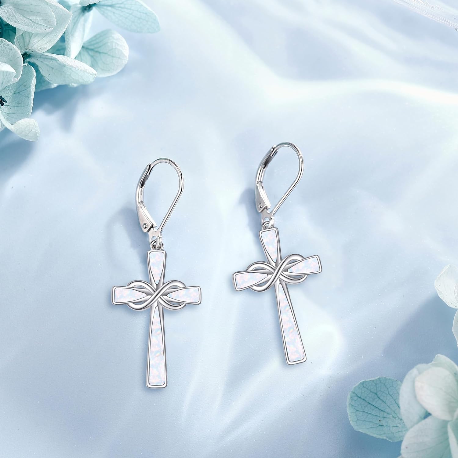 Infinity Cross Earrings S925 Sterling Silver Abalone/Turquoise/Opal Dangle Earrings Leverback Christian Jewelry For Women Lover Mother Gifts