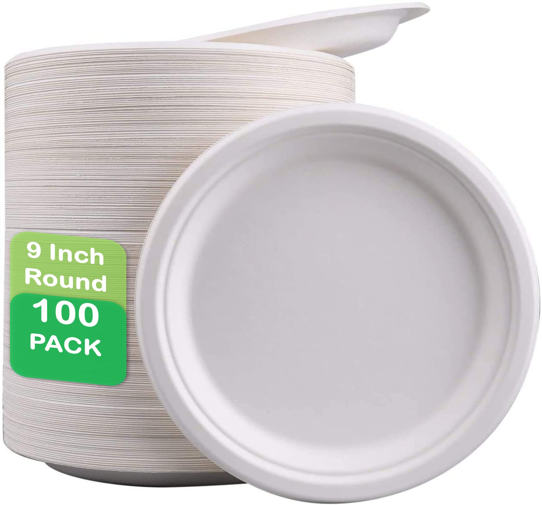 DEcorative Concepts UK Large Premium Quality Strong Plates - 100 Pack Super Rigid Bagasse Biodegradable & Compostable ECO Friendly 9 Inch for Party, Picnic, BBQ, Work