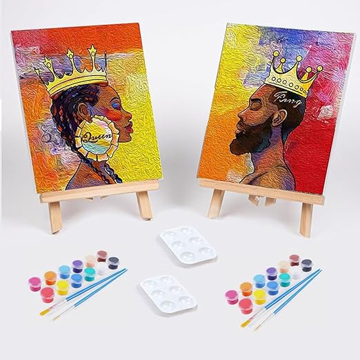 Sip & Paint Kit for Adults - 12" x 10" Stretched Canvases, Acrylic Colors, Brushes, Palettes, Wooden Easels - Pre-Drawn Canvas for Paint Night Parties
