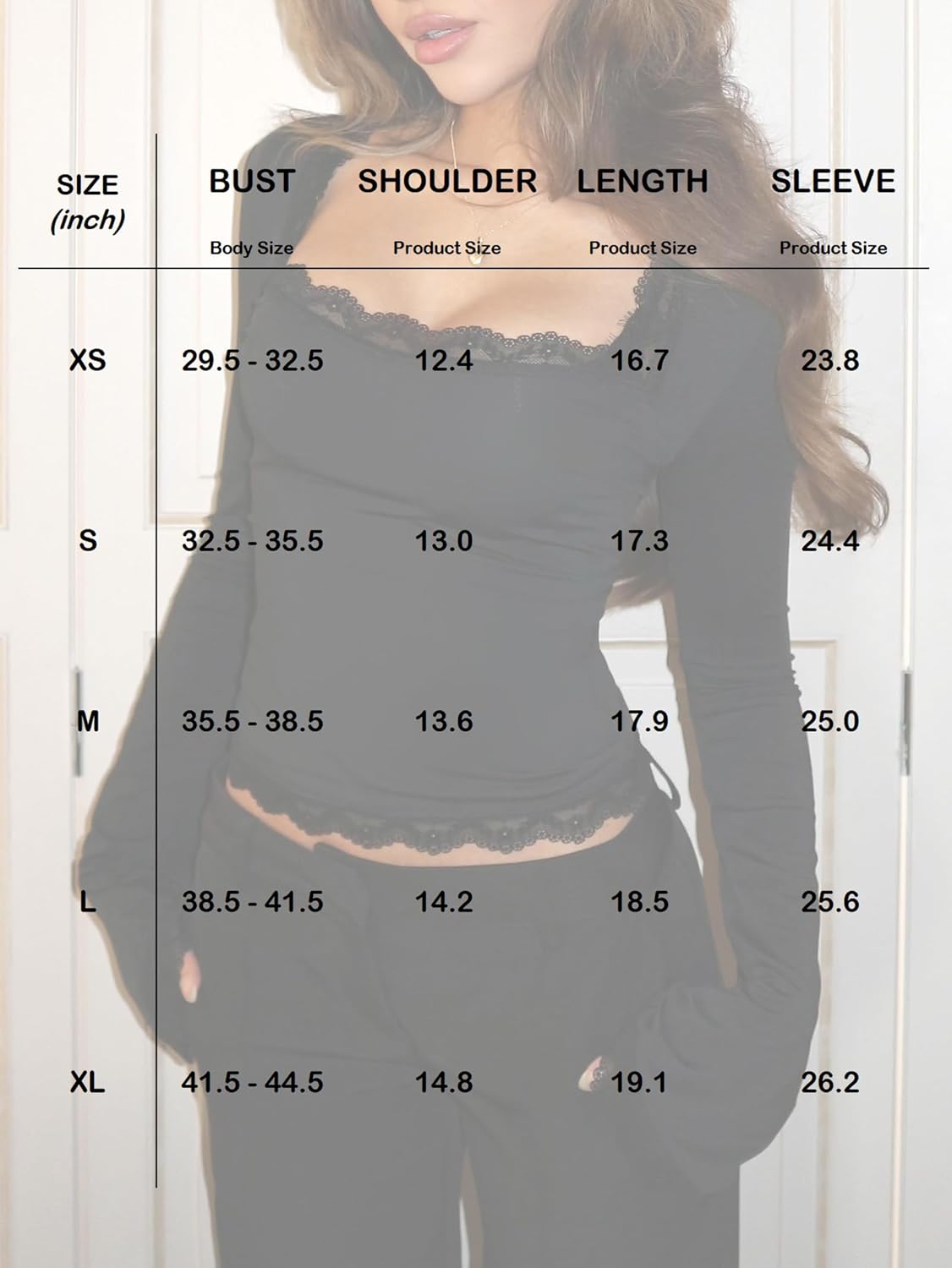 OZICERD Women Bell Long Sleeve Shirts Cute Going Out Top Lace Trim Square Neck Double Lined Fitted Basic Tops Y2k Tight Slim - Image 7