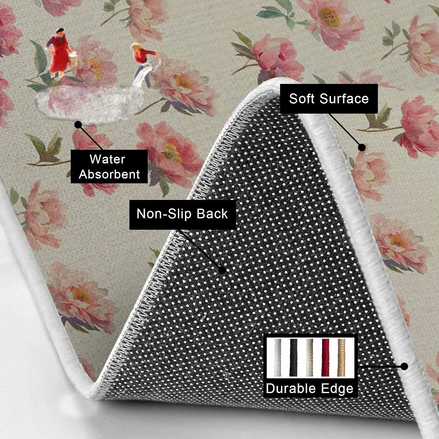 Prime Leader Pink Floral Kitchen Mat Set 2 Pieces Vintage Pink Flowers Leaf Linen Texture Non Slip Kitchen Rugs Washable Runner Rug Mats for Sink Laundry (15.7" x 23.6"+15.7" x 47.2")