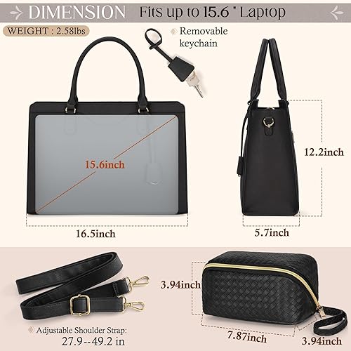Miniatura 2 de Bolsa para laptop para mujer, 15.6 pulgadas, impermeable, de piel, bolsa de mano para computadora, negocios, oficina, trabajo, maletín de gran