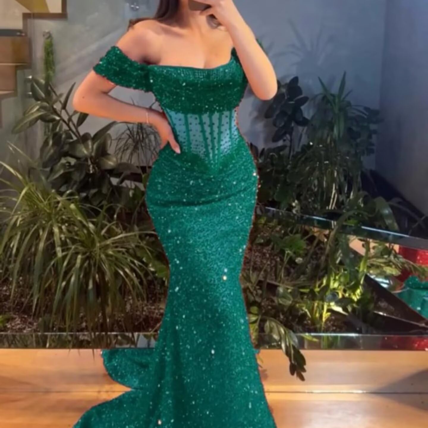 MiwiNovia Sequin Mermaid Prom Dresses for Women 2026 Sparkly Off Shoulder Formal Evening Dress with Train P1050 - Image 5