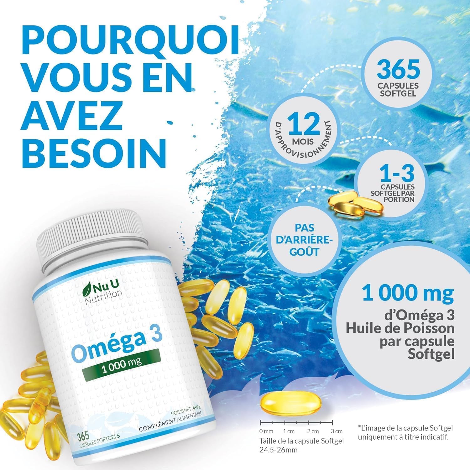 Omega 3 Fish Oil 1000 mg - Huile de Poisson - 365 Gélules - Cure d'1 An - Riche en EPA 540mg et DHA 360mg - Compléments alimentaires de Nu U Nutrition