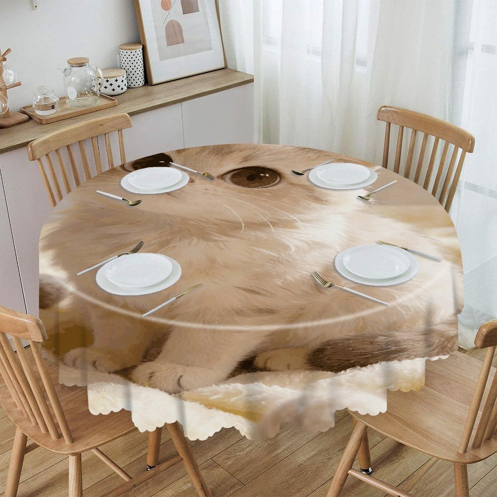 Khauerbc Style Cute Cat Round Tablecloths,Spill Proof,Polyester Fabric Washable Table Cloth Cover For Dining Wedding And Outdoor,Soft Toching And Easy Clean