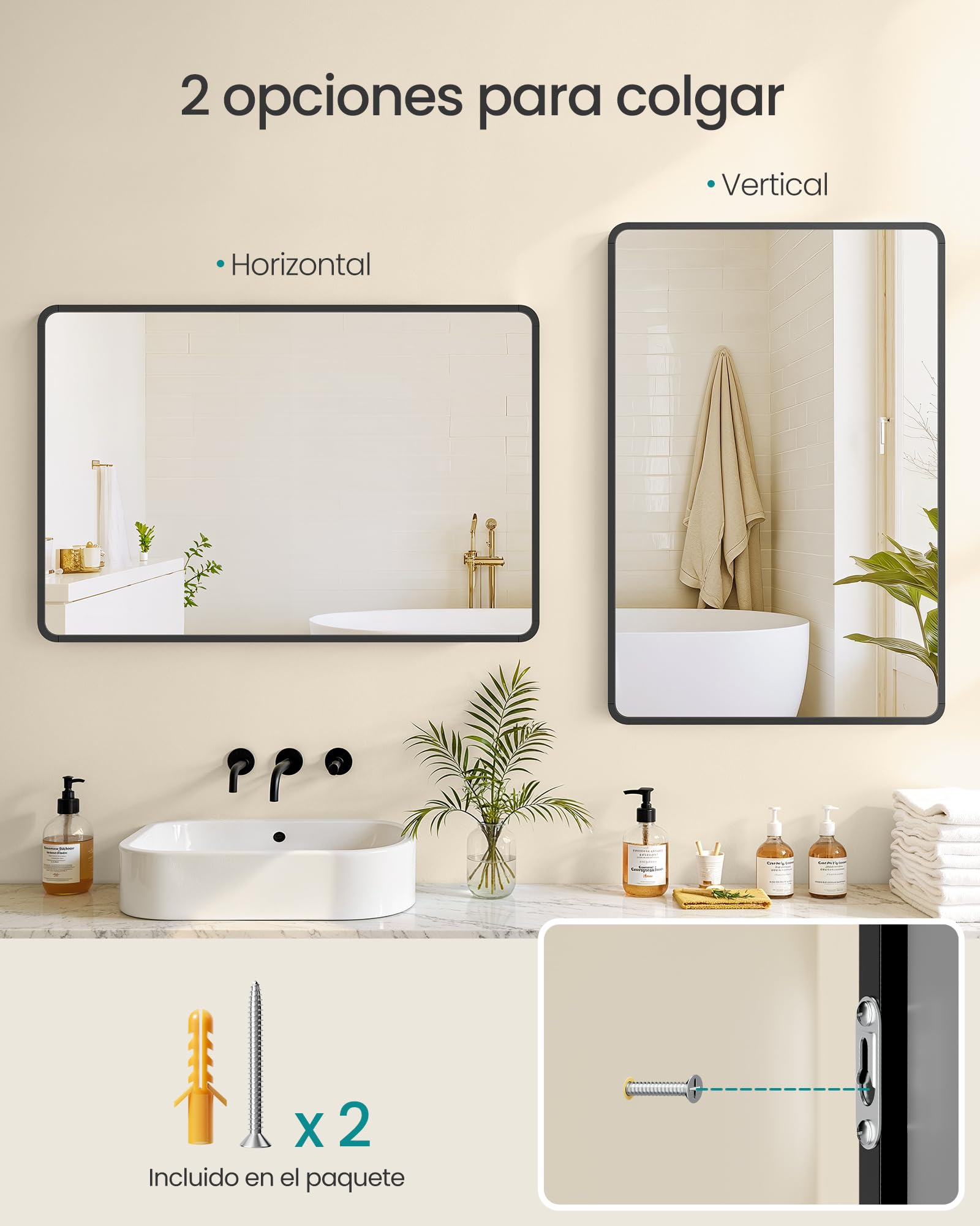 SONGMICS Espejo de Baño, Espejo de Pared, Rectangular, Marco de Aluminio, 91 x 61 cm, Lámina de Seguridad, 2 Opciones de Montaje, para Salón, Dormitorio, Negro Tinta LWM010BD01