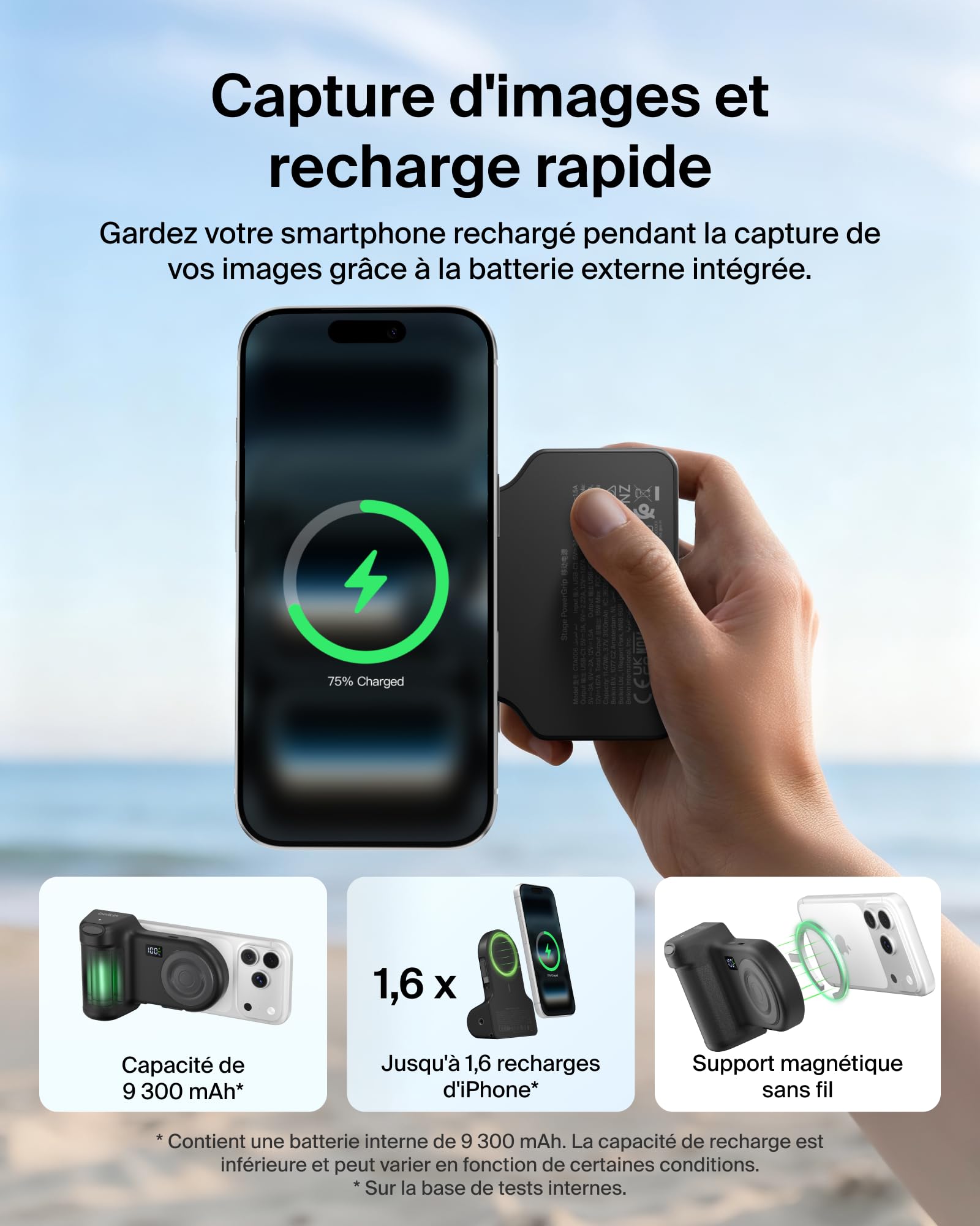 Belkin Stage PowerGrip, Poignée Photo Magnétique et Batterie Externe 9300mAh, Câble USB-C Rétractable, Connexion Bluetooth, Fixation pour Trépied, Écran LCD, Power Bank pour iPhone, Pixel et Plus