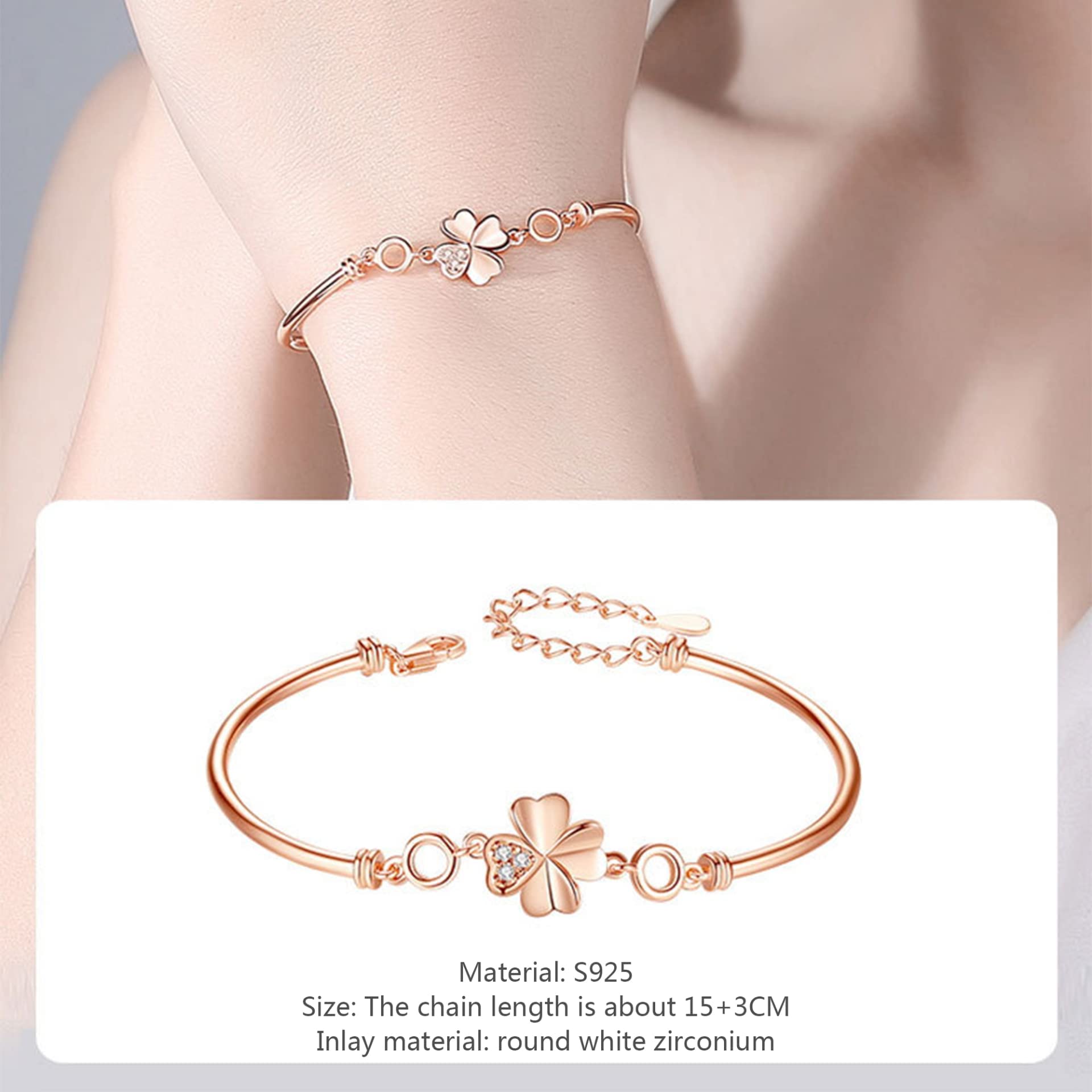 Frauen Mädchen Armband 925, einfache, Aber Elegante, glückliche Vier-Blatt-Klee-Armreifen, einstellbare Handverbindung, Kettenerweiterung