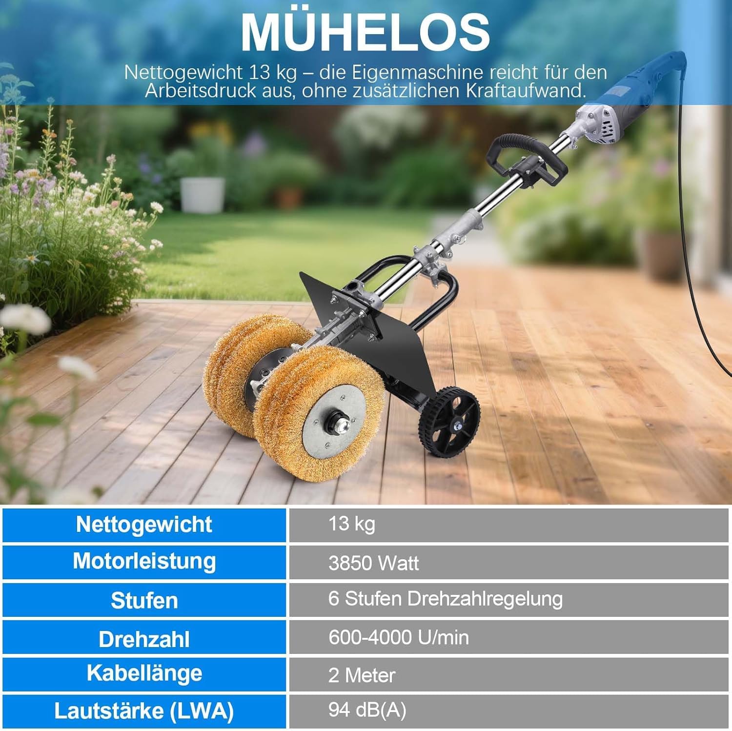 3850W 6in1 Satiniermaschine für Holz Metall, Unkrautentferner zum Fugen | 2X Ø180mm Schleifbürste, 4000RPM, 6 Stufen, Schleifmaschine mit Lang Griff, Bürstenschleifer zur Renovierung von Oberflächen