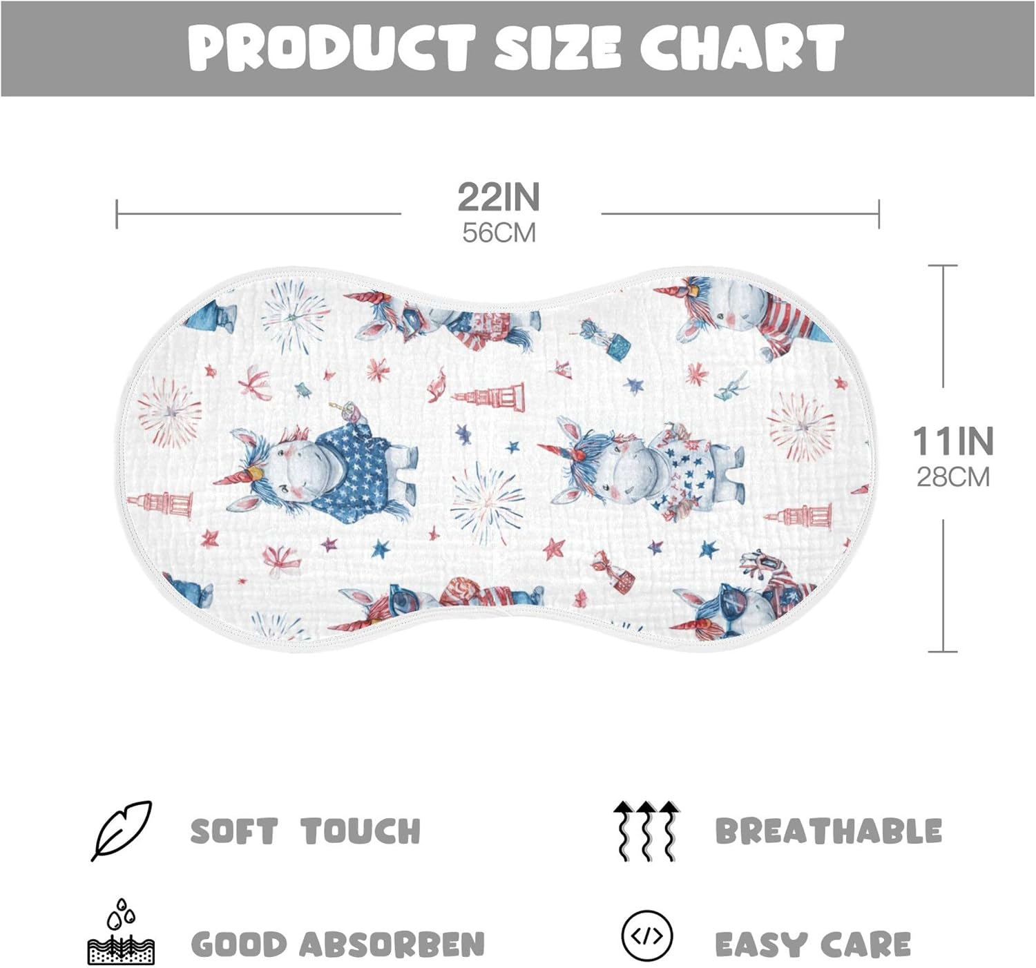 July 4th Cute Unicorn Burp Cloths Baby Boys Girls Absorbent Soft Cotton Burping Cloths Rags 4 Pack