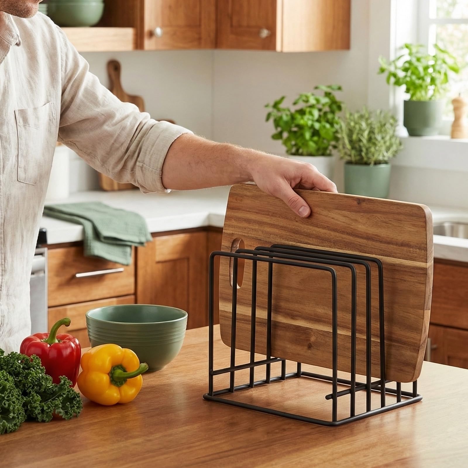 Soporte para Tabla de Cortar de Cocina Negro de Hierro con 5 Ranuras y Diseño Moderno, Organizador Versátil y Fácil de Limpiar para Sartenes y Bandejas en Armarios o Despensas,