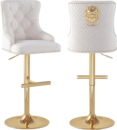 Miniatura 27 de Juego de 2 taburetes de bar de terciopelo con anillo giratorio de león para encimera de cocina, taburetes de bar tapizados con cabeza de clavo, Gris