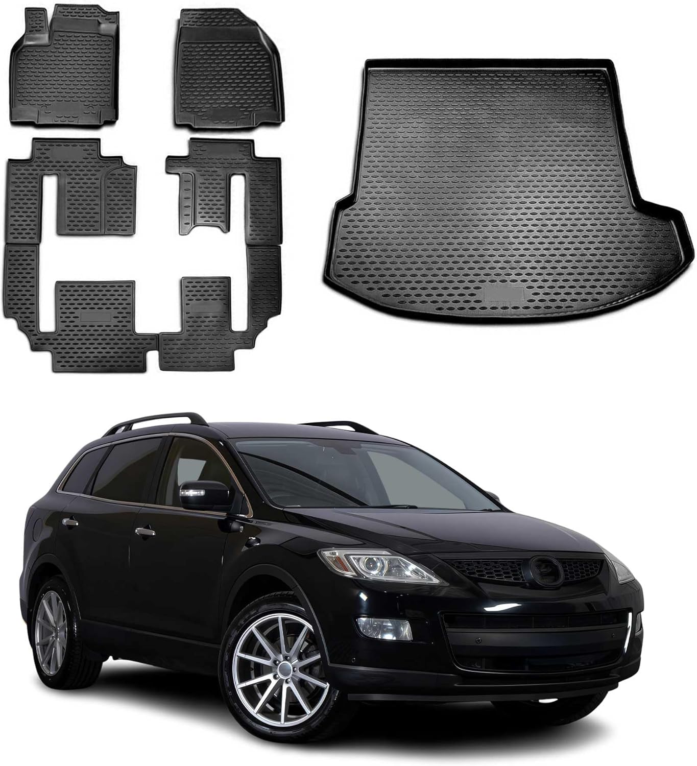 OMAC Custom Floor Mats & Cargo Liners for Mazda CX-9 2007-2015 Black 7 Pcs