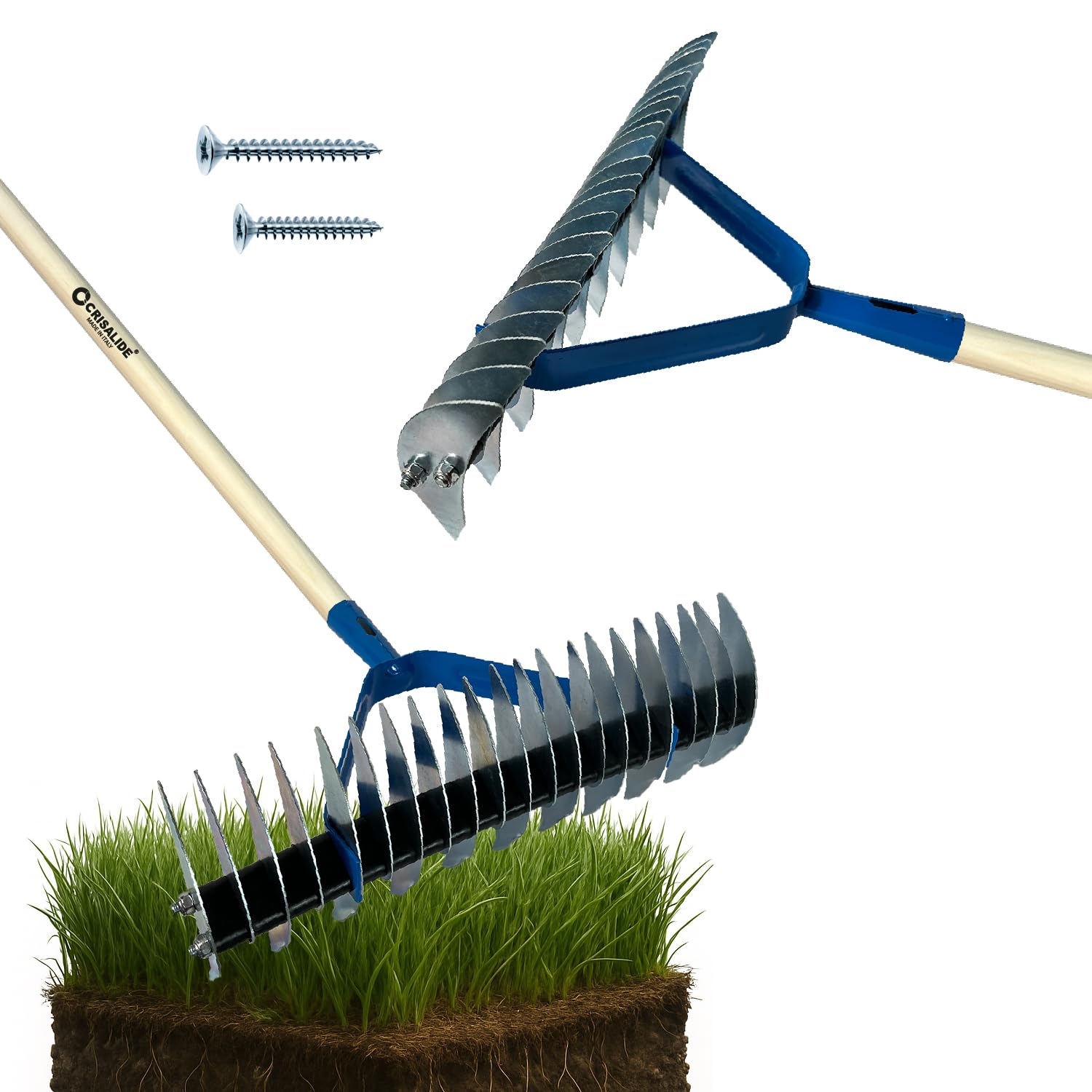 Crisalide® - Rastrello Sarchiatore Arieggiatore, Rastrello da Prato, 32 Denti In Acciaio Zincato, 35cm, Con e Senza Manico (Con Manico)